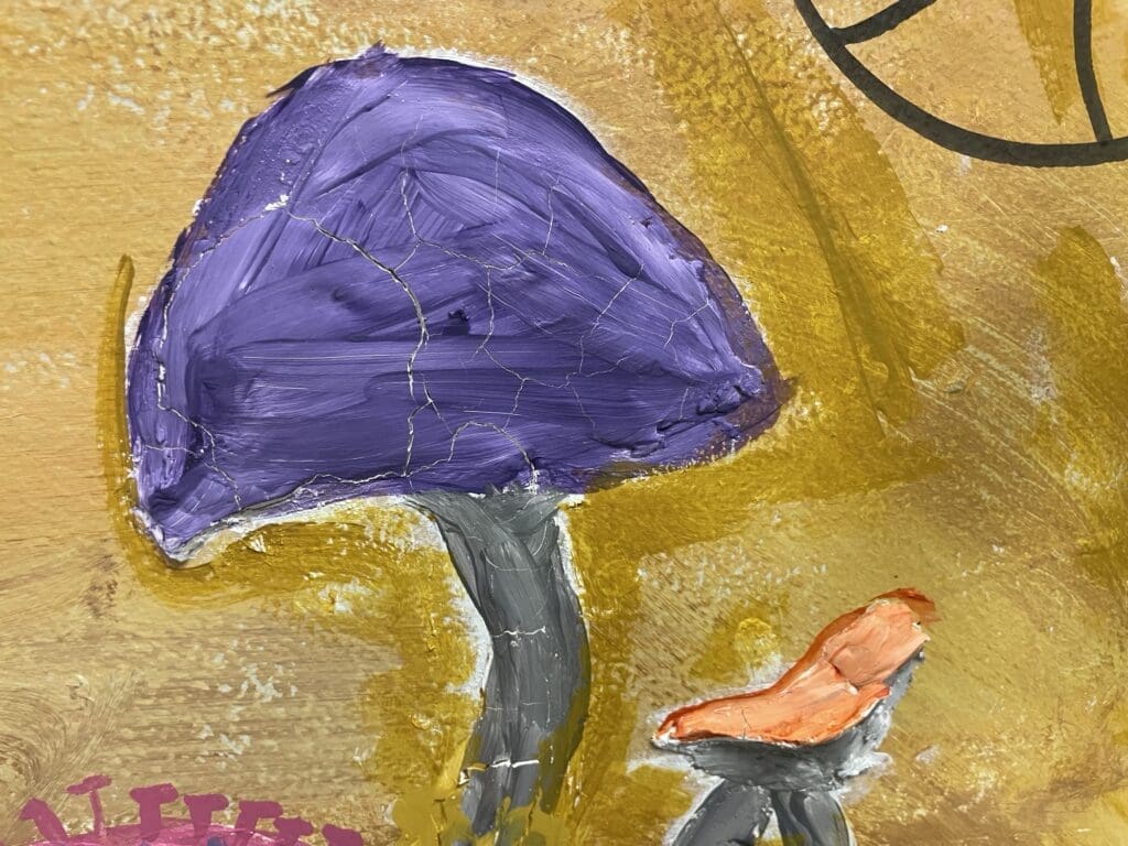 A purple mushroom with a smaller orange mushroom nearby on a textured background.