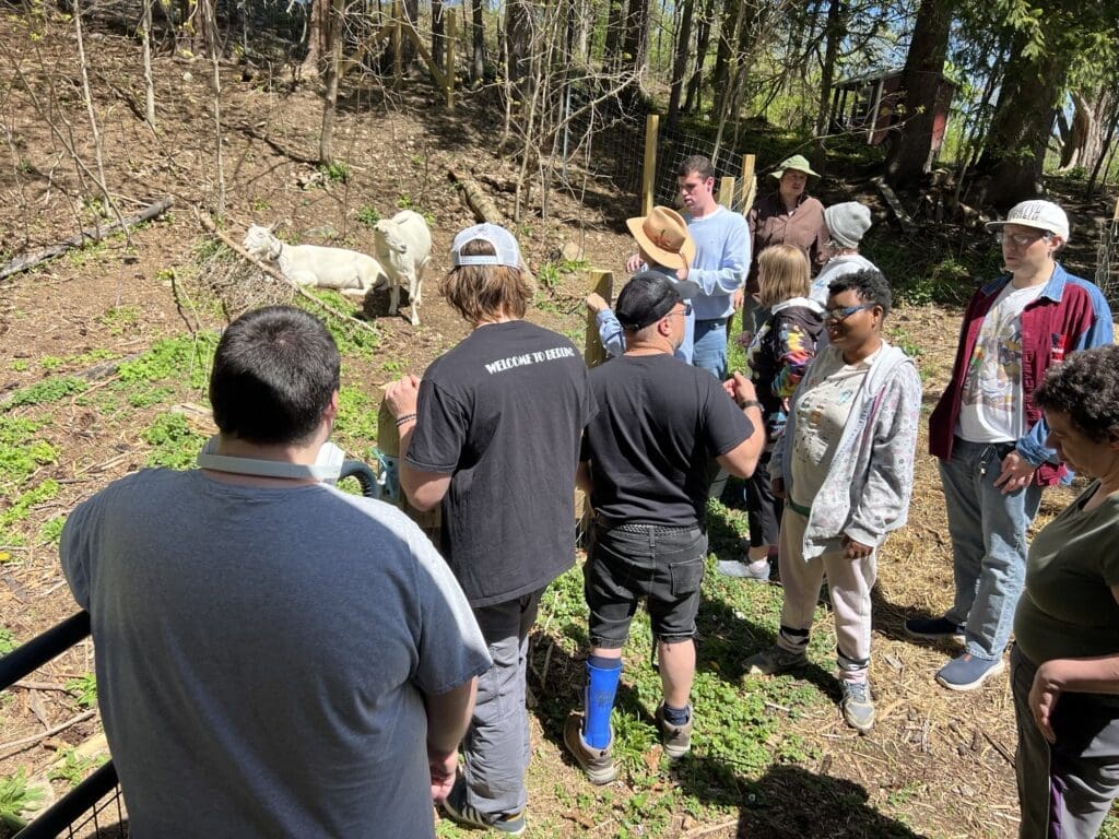 Group visiting goats at farm enclosure