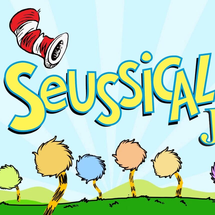 Colorful Truffula trees with Seussical Jr title