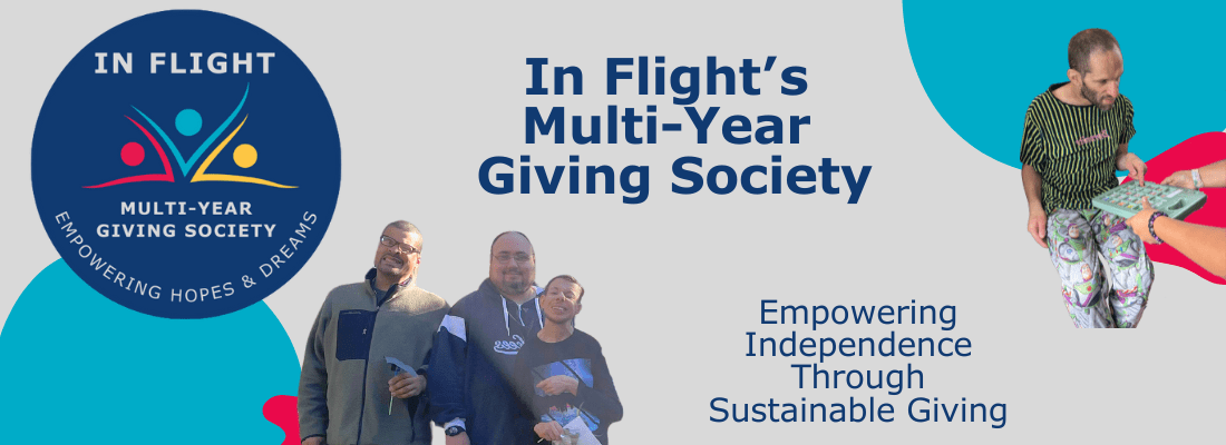Three people smiling, holding a baby, with text about In Flight's Giving Society.